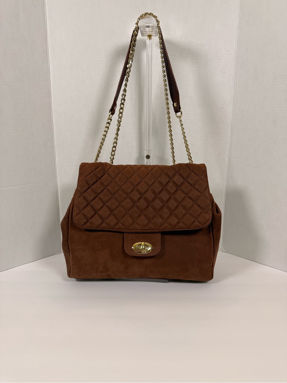 Quilted Suede Shoulder Bag in Chestnut Brown with Chain Strap